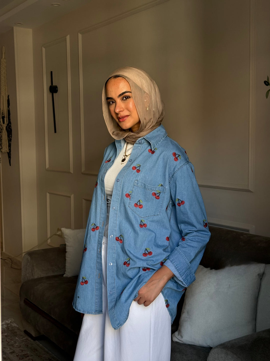 cherry denim shirt