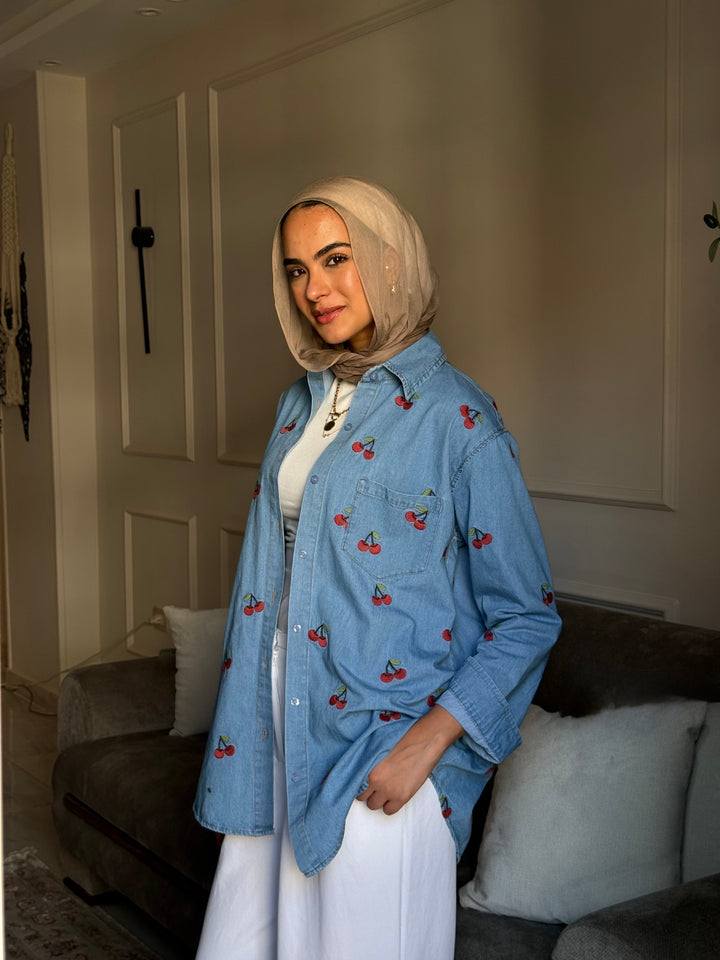 cherry denim shirt